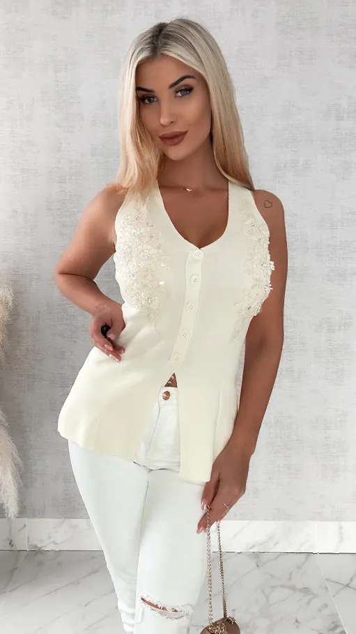 Elegancka dzianinowa kamizelka zdobiona na dekolcie ONE SIZE ecru - R459