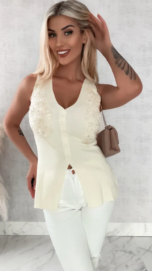 Elegancka dzianinowa kamizelka zdobiona na dekolcie ONE SIZE ecru - R459