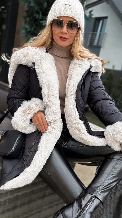 Pikowana czarna kurtka PREMIUM z pięknym jasnym futerkiem - M394