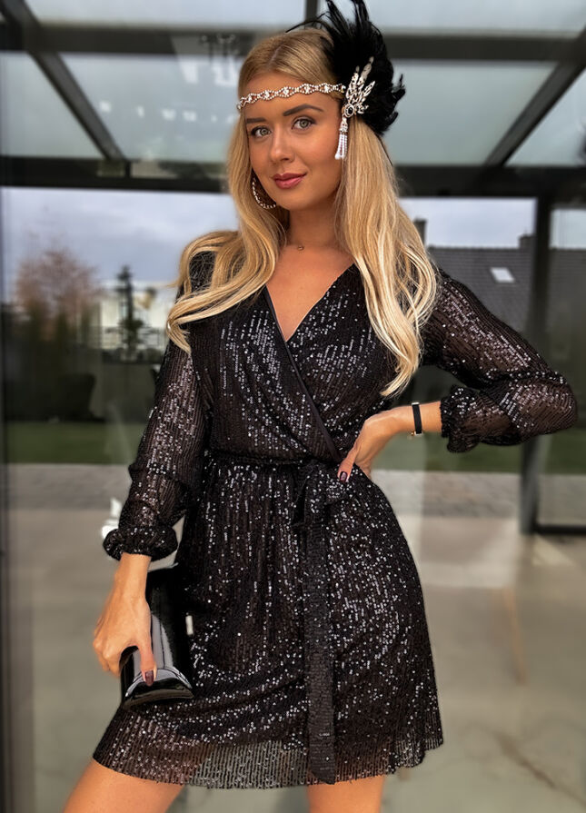 Idealna czarna sukienka CEKINOWA z kopertowym dekoltem - M407