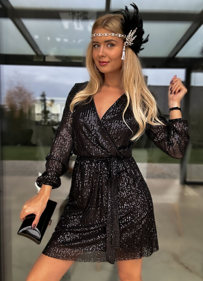 Idealna czarna sukienka CEKINOWA z kopertowym dekoltem - M407