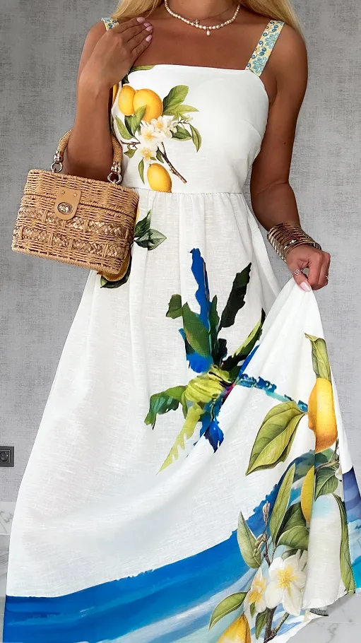 Elegancka MAXI lniana sukienka na ramiączkach w letnie cytryny ONE SIZE - P808