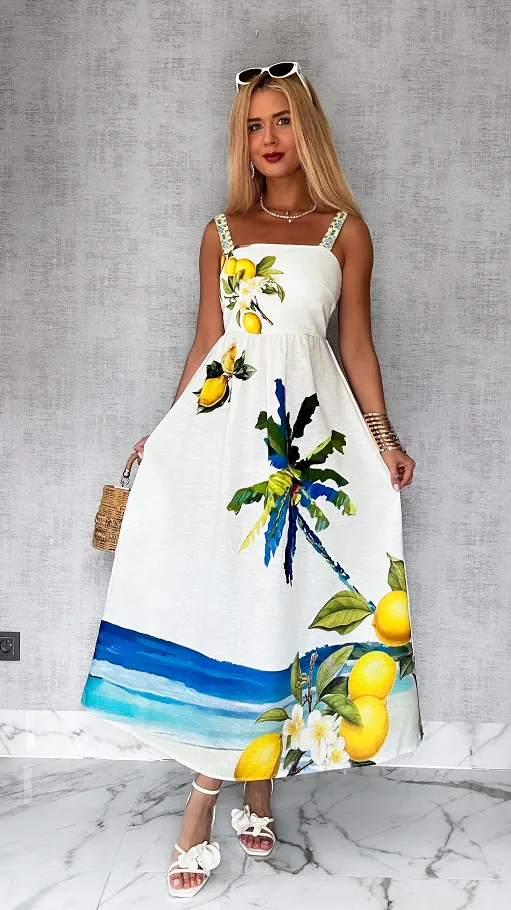 Elegancka MAXI lniana sukienka na ramiączkach w letnie cytryny ONE SIZE - P808