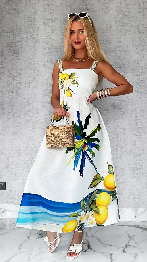 Elegancka MAXI lniana sukienka na ramiączkach w letnie cytryny ONE SIZE - P808