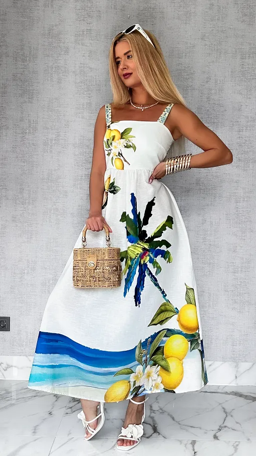 Elegancka MAXI lniana sukienka na ramiączkach w letnie cytryny ONE SIZE - P808