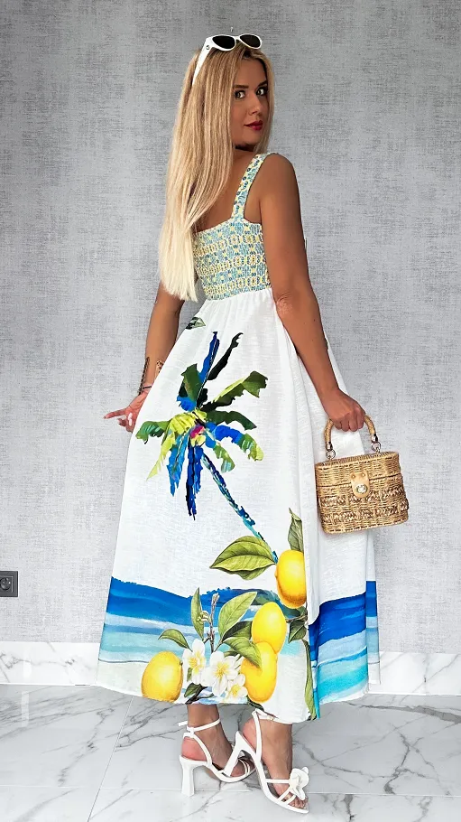 Elegancka MAXI lniana sukienka na ramiączkach w letnie cytryny ONE SIZE - P808