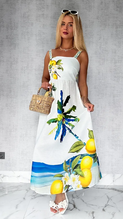 Elegancka MAXI lniana sukienka na ramiączkach w letnie cytryny ONE SIZE - P808