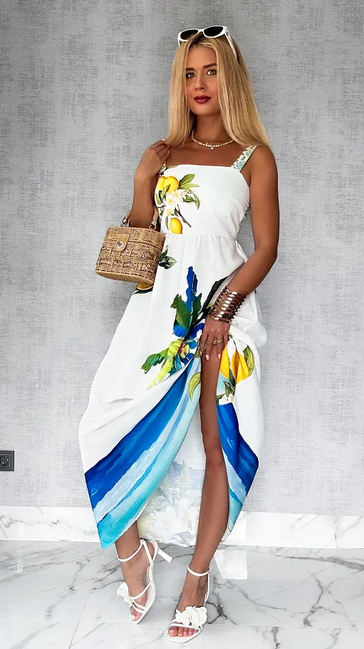 Elegancka MAXI lniana sukienka na ramiączkach w letnie cytryny ONE SIZE - P808