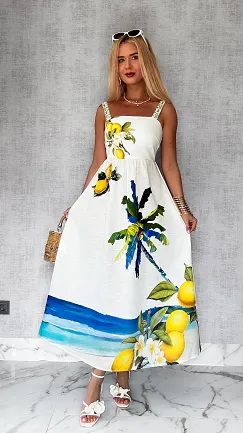 Elegancka MAXI lniana sukienka na ramiączkach w letnie cytryny ONE SIZE - P808
