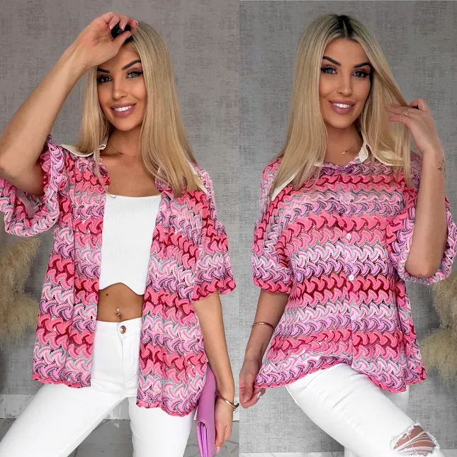 Stylowa kolorowa bluzka w różowe paski białym kołnierzykiem ONE SIZE - R865