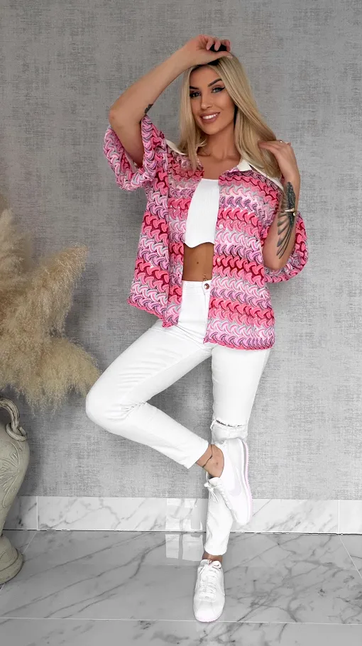 Stylowa kolorowa bluzka w różowe paski białym kołnierzykiem ONE SIZE - R865