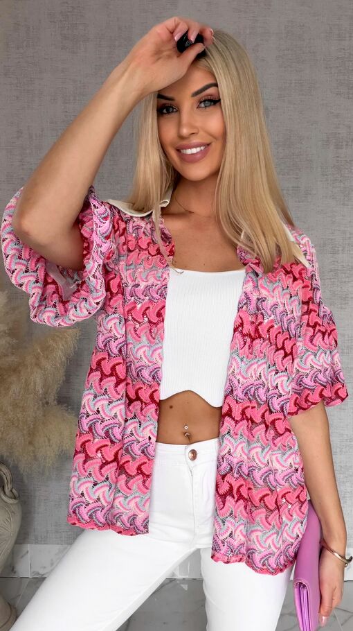 Stylowa kolorowa bluzka w różowe paski białym kołnierzykiem ONE SIZE - R865