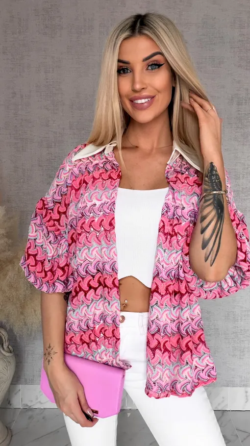 Stylowa kolorowa bluzka w różowe paski białym kołnierzykiem ONE SIZE - R865