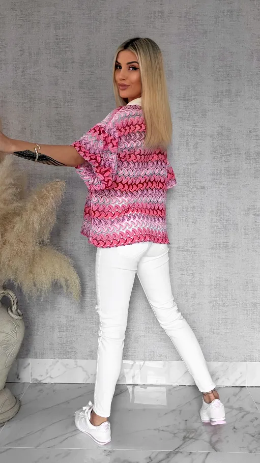 Stylowa kolorowa bluzka w różowe paski białym kołnierzykiem ONE SIZE - R865