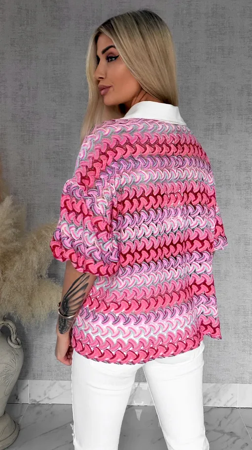 Stylowa kolorowa bluzka w różowe paski białym kołnierzykiem ONE SIZE - R865