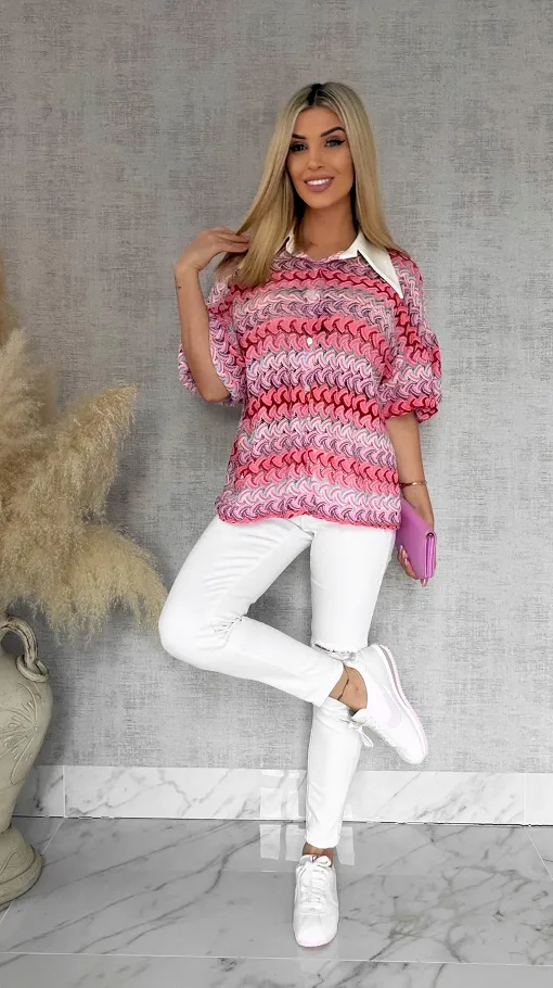 Stylowa kolorowa bluzka w różowe paski białym kołnierzykiem ONE SIZE - R865