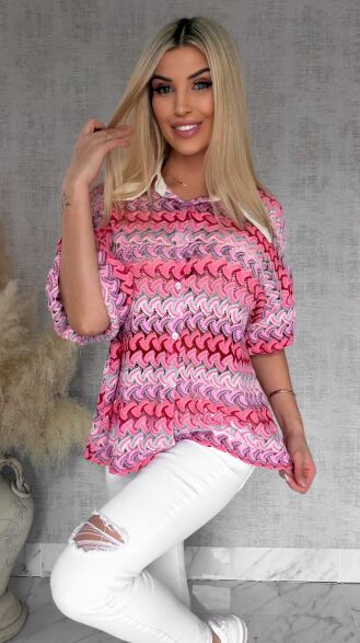 Stylowa kolorowa bluzka w różowe paski białym kołnierzykiem ONE SIZE - R865