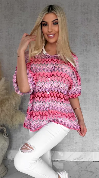 Stylowa kolorowa bluzka w różowe paski białym kołnierzykiem ONE SIZE - R865