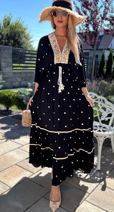 Ekskluzywna czarna MAXI sukienka w grochy z haftowanym dekoltem WISKOZA one size - N271A