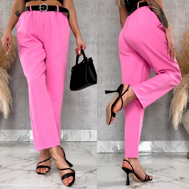Eleganckie wiosenne spodnie z gumką w pasie i paskiem PINK one size - R673A