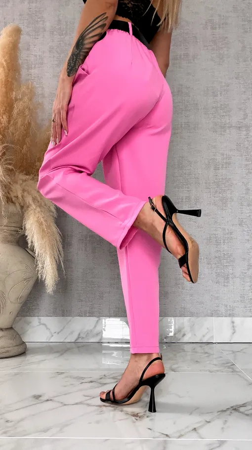 Eleganckie wiosenne spodnie z gumką w pasie i paskiem PINK one size - R673A