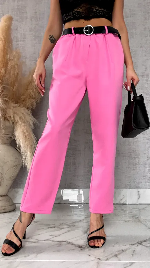 Eleganckie wiosenne spodnie z gumką w pasie i paskiem PINK one size - R673A