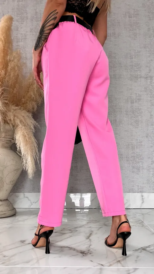 Eleganckie wiosenne spodnie z gumką w pasie i paskiem PINK one size - R673A
