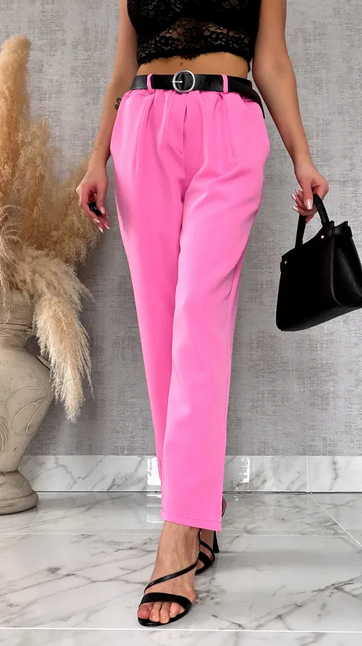Eleganckie wiosenne spodnie z gumką w pasie i paskiem PINK one size - R673A