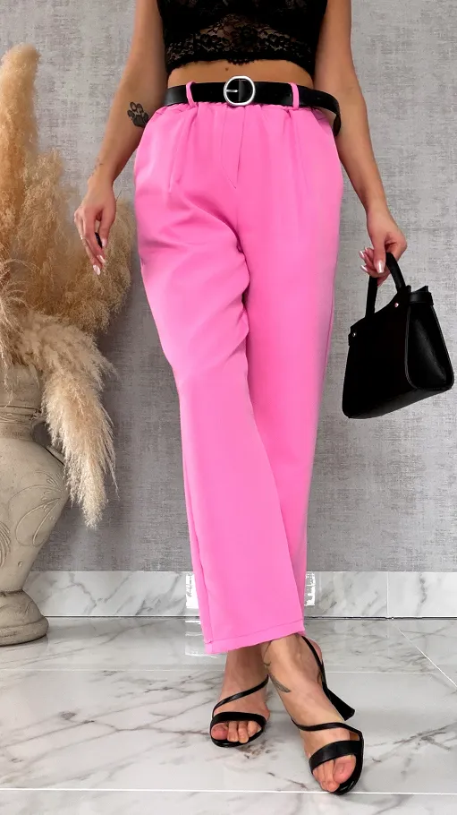 Eleganckie wiosenne spodnie z gumką w pasie i paskiem PINK one size - R673A