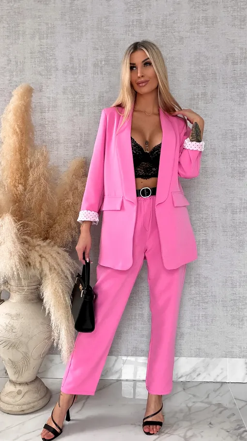 Eleganckie wiosenne spodnie z gumką w pasie i paskiem PINK one size - R673A