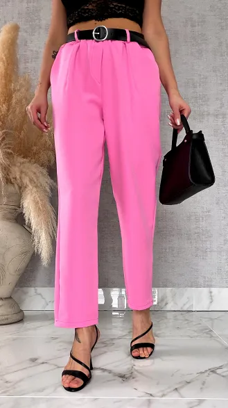 Eleganckie wiosenne spodnie z gumką w pasie i paskiem PINK one size - R673A