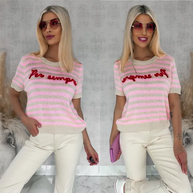 Oryginalny sweter z krótkim rękawem w różowe paski ONE SIZE - R847A