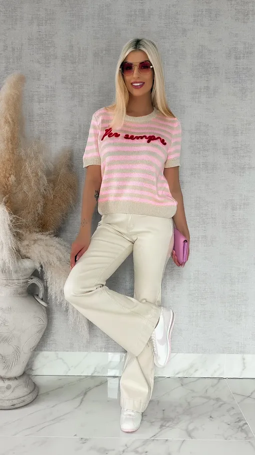 Oryginalny sweter z krótkim rękawem w różowe paski ONE SIZE - R847A