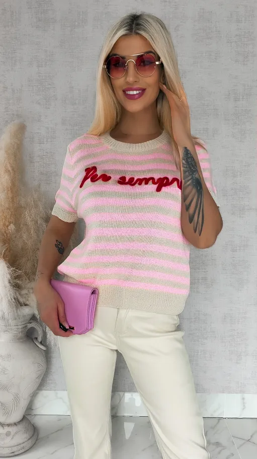 Oryginalny sweter z krótkim rękawem w różowe paski ONE SIZE - R847A