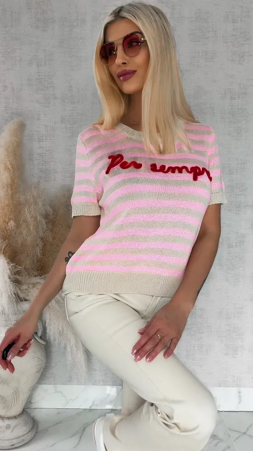 Oryginalny sweter z krótkim rękawem w różowe paski ONE SIZE - R847A