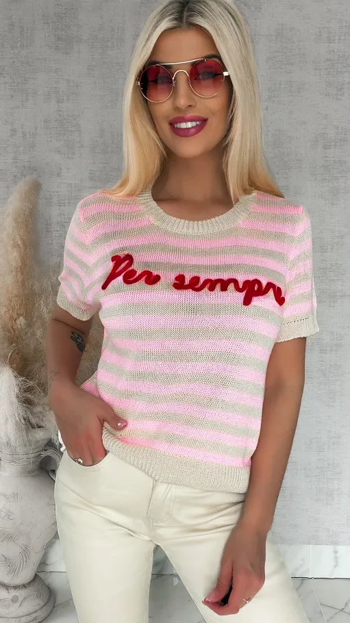 Oryginalny sweter z krótkim rękawem w różowe paski ONE SIZE - R847A