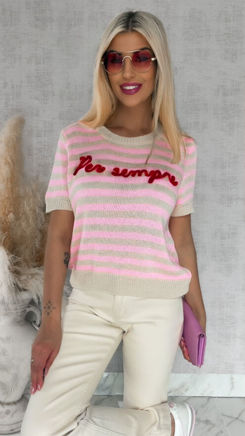 Oryginalny sweter z krótkim rękawem w różowe paski ONE SIZE - R847A