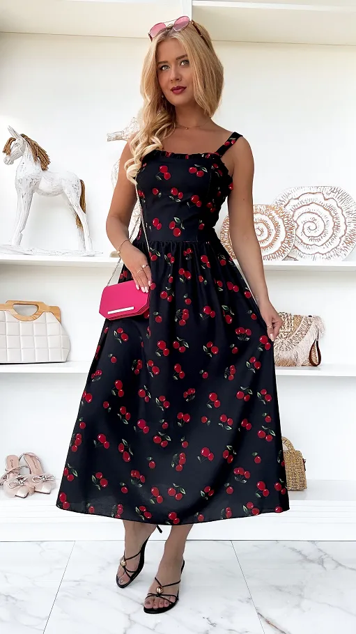Elegancka czarna sukienka w wisienki ONE SIZE - P920A