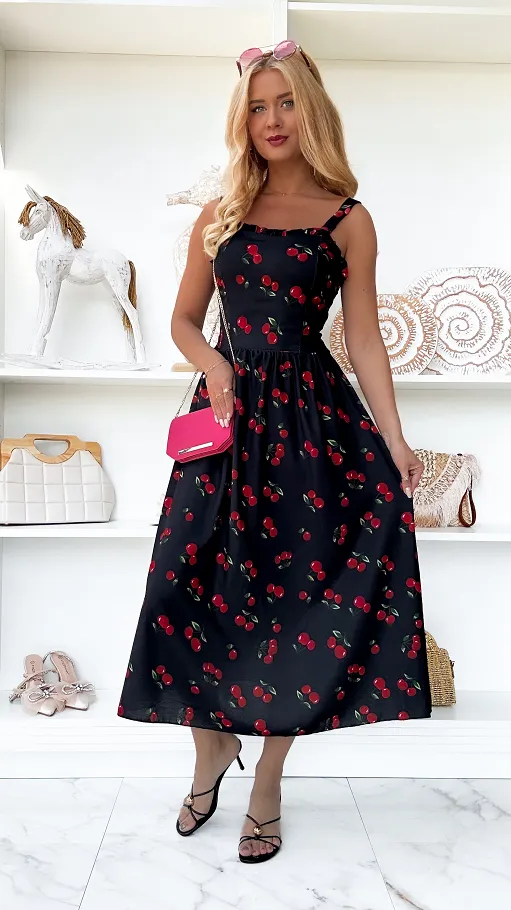 Elegancka czarna sukienka w wisienki ONE SIZE - P920A