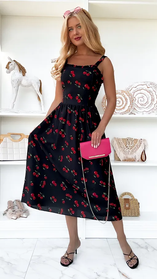 Elegancka czarna sukienka w wisienki ONE SIZE - P920A