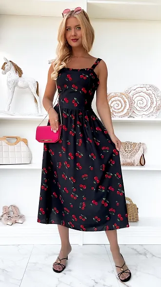 Elegancka czarna sukienka w wisienki ONE SIZE - P920A