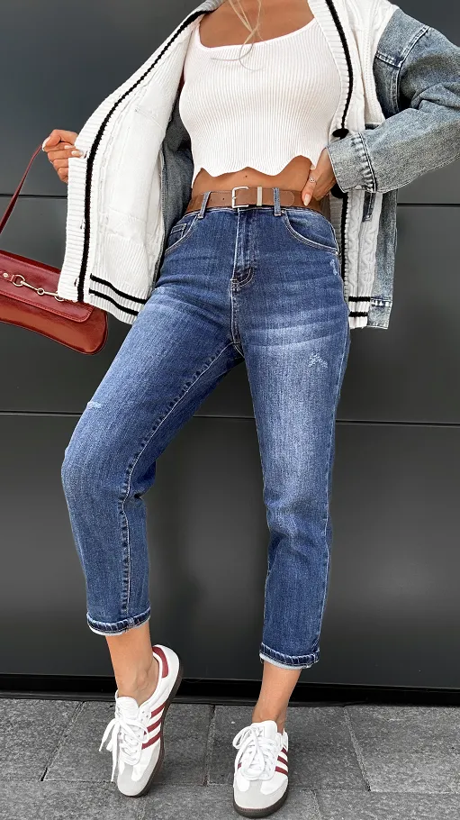 Super elastyczne spodnie jeansowe MOM FIT z paskiem BLUE JEANS - P992