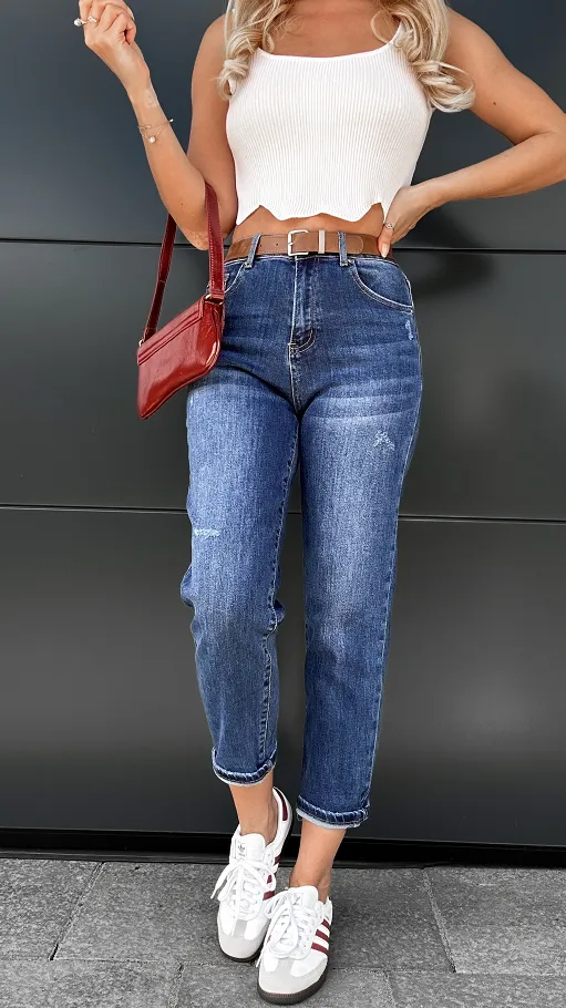 Super elastyczne spodnie jeansowe MOM FIT z paskiem BLUE JEANS - P992