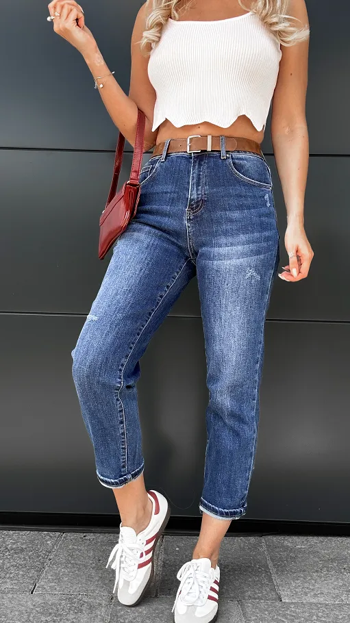 Super elastyczne spodnie jeansowe MOM FIT z paskiem BLUE JEANS - P992