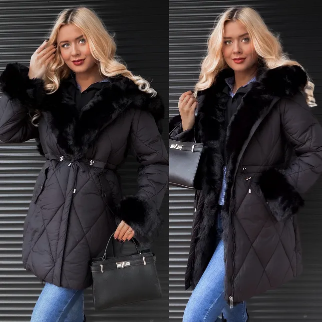 Pikowana czarna kurtka PREMIUM z pięknym futerkiem - M394