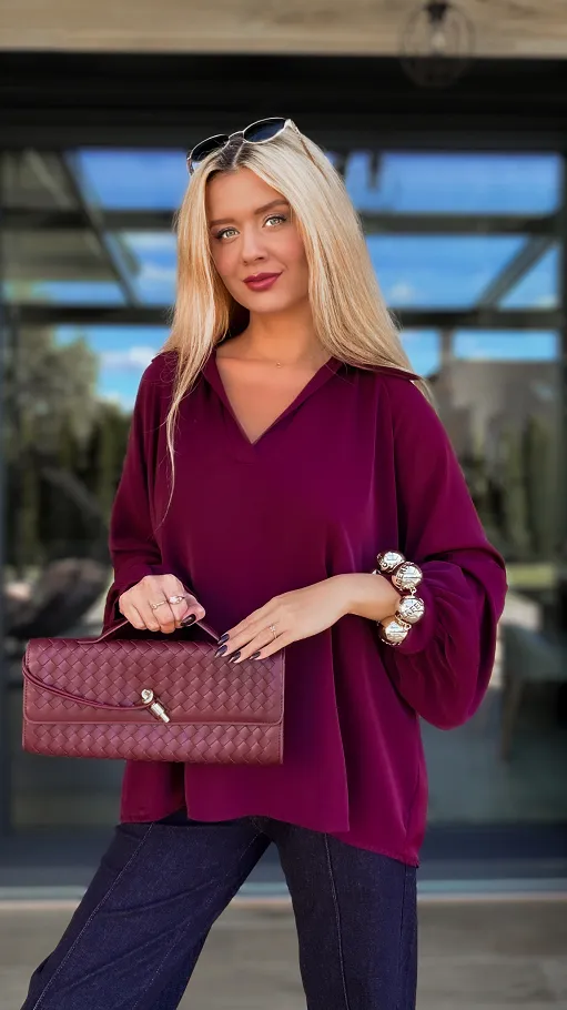Elegancka bordowa bluzka w stylu koszula OVERSIZE - R137