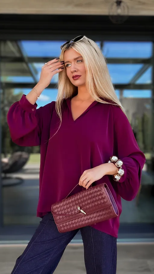 Elegancka bordowa bluzka w stylu koszula OVERSIZE - R137