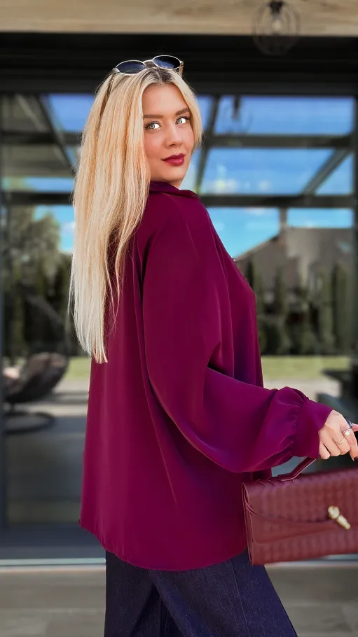 Elegancka bordowa bluzka w stylu koszula OVERSIZE - R137