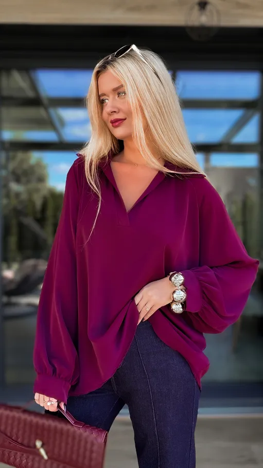 Elegancka bordowa bluzka w stylu koszula OVERSIZE - R137