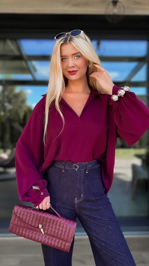Elegancka bordowa bluzka w stylu koszula OVERSIZE - R137